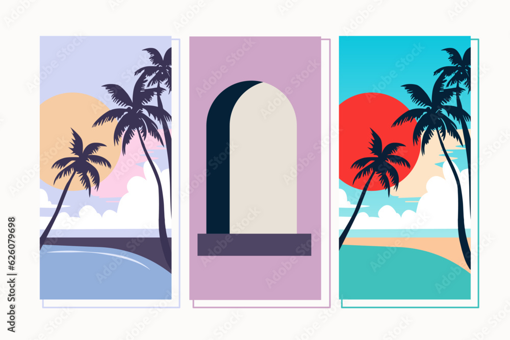 Beach at sunset. Vector graphics. A set of paintings. Design for social media, wallpapers, paintings, posters and stickers.Vintage retro style graphics