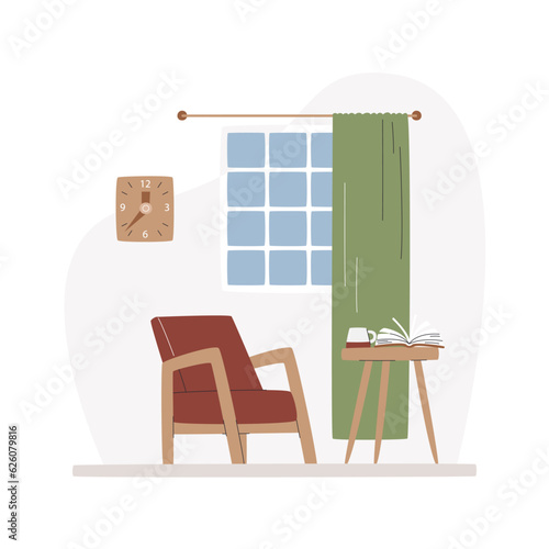 Interior scene with comfy armchair and coffee table. Mid century classic living room. Privacy area for resting and relaxing next to window. Reading zone with clock hand drawn flat vector illustration