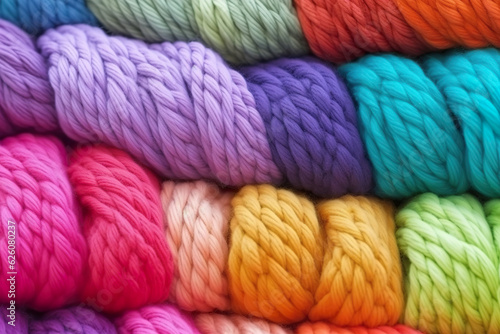 Background of skeins of colored yarn seen from above. Many skein yarns in colorful rainbow colors, twisted yarns abstract background. Yarn texture. Realistic 3D illustration. Generative AI