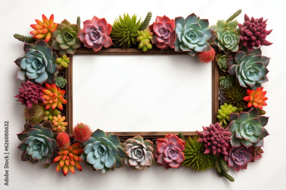 Mockup frame, Lively succulents adorning the border of a wooden frame layout, adding a burst of vibrant greenery. Generative AI