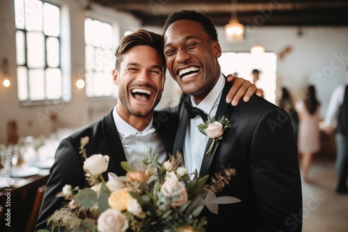 Two Happy Men in Love Share Their Vows and Get Married. LGBTQ Relationship Goals. photo