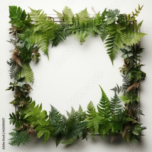 Mockup frame, A rustic wooden frame layout adorned with the gentle presence of overlapping fern leaves. Generative AI