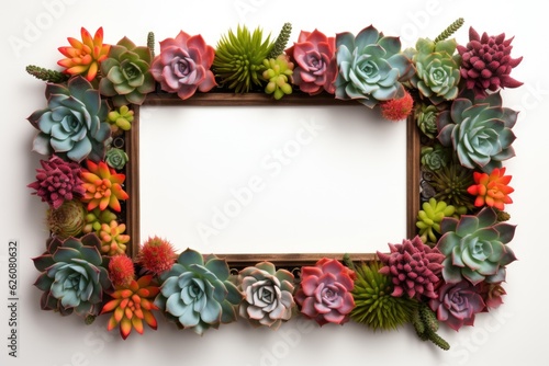 Mockup frame, Lively succulents adorning the border of a wooden frame layout, adding a burst of vibrant greenery. Generative AI © Ivy