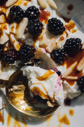 close up of Greek yogurt with honey, almonds, blackberries in white bowl with golden spoon