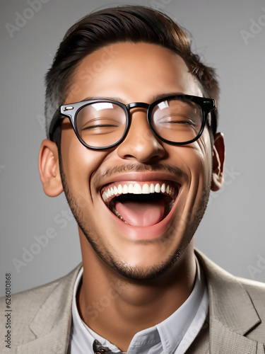 The facial expression of a man laughing happily.