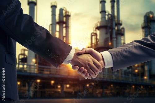 two businessman standing handshake on outdoors with oil and gas refinery plant petrochemical industry