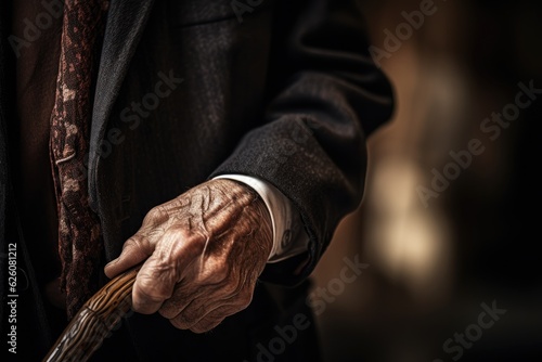 Close-up of the hands of an old man holding a cane.old man holding a cane. ai generative © InfiniteStudio
