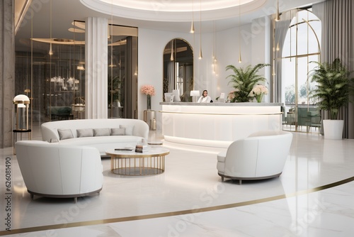 Luxury and elegance beauty salon or office reception area interior with marble reception counter