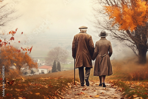 Seniors in love walking and holding hands in park. Autumn Love Concept. Generative AI