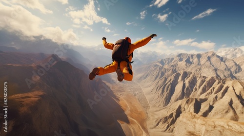 Guy sky diving over desert and huge montains