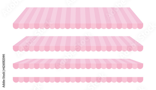 Shop roof. Pink striped street food, restaurant, market stall, shop roof, tent, canopy, awning illustration set.