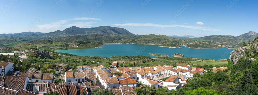 Panoramic Aerial view of Reservoir Lake with Sierra de Lijar Mountains - Zahara de la Sierra, Andalusia, Spain