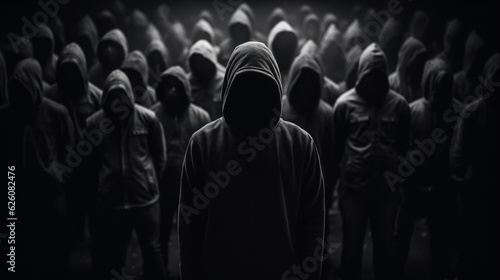 Hooded man. crowd of people in hoods. Black and white color. Generative AI