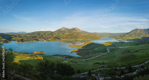 Panoramic view of Reservoir Lake with Lagarin and Las Grajas Mountains - Zahara de la Sierra, Andalusia, Spain © diegograndi