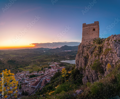Aerial view with Zahara de la Sierra Castle Tower at sunset - Zahara de la Sierra, Andalusia, Spain