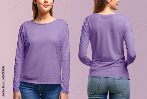 Woman wearing a purple T-shirt with long sleeves. Front and back view
