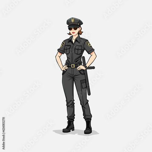 Abstract character of policewoman in black uniform in cartoon style