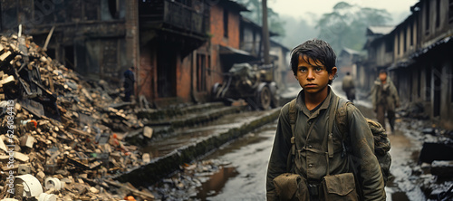 A military boy walking through a war-ravaged street. Military concept. War concept