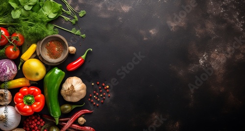 Vegetables set and spices for cooking on dark background