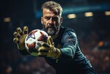 Soccer goalkeeper catches the ball, Soccer player. Generative AI