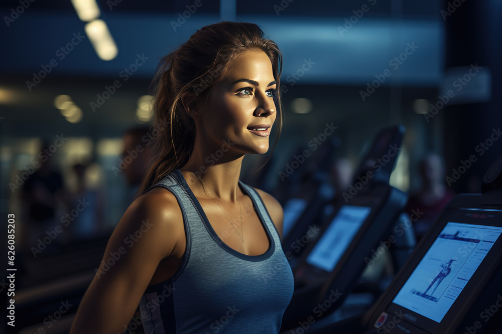 Fototapeta premium Sexy young woman resting after exercises. Fitness blond woman smiles and posing in gym