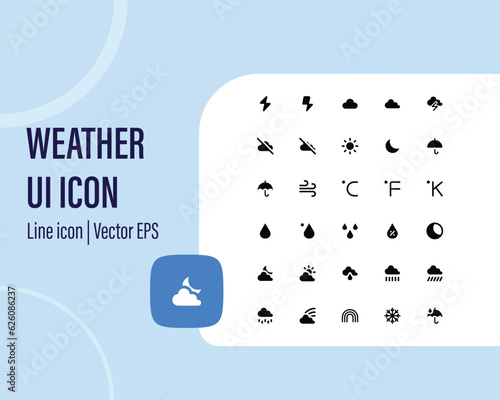 Weather icons. Weather forecast icon set. Clouds logo. Weather, clouds, sunny day, moon, snowflakes, wind, sun day. Vector illustration.