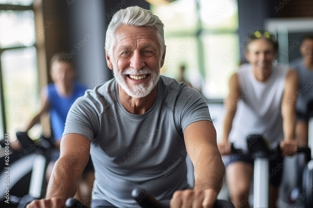 Portrait of senior man training on stationary bike workout in gym. Concept senior active lifestyle. Generative Ai Portrait of senior man training on stationary bike workout in gym. Concept senior active lifestyle. Generative Ai