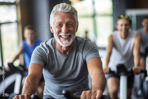 Portrait of senior man training on stationary bike workout in gym. Concept senior active lifestyle. Generative Ai