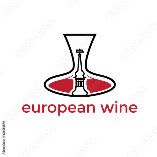 decanter with wine and european building simple vector illustration