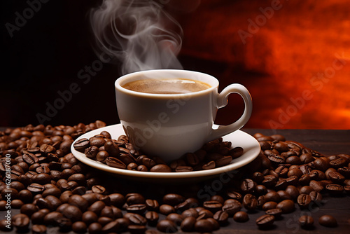 International Coffee Day front shot of a steaming cup of coffee on a saucer surrounded by coffee beans