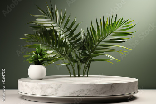 Modern empty pastel brown concrete counter table top in sunlight, palm leaf shadow on stucco texture wall for luxury organic cosmetic, skincare, beauty treatment product display background 3D © mathiasalvez