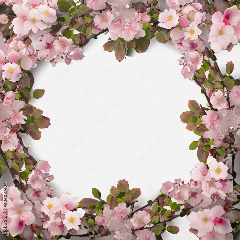 Cherry blossom wreath on white background negative space.