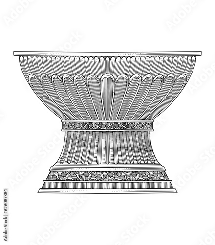 Antique medieval vase with floral ornament, vintage engraving drawing style illustration