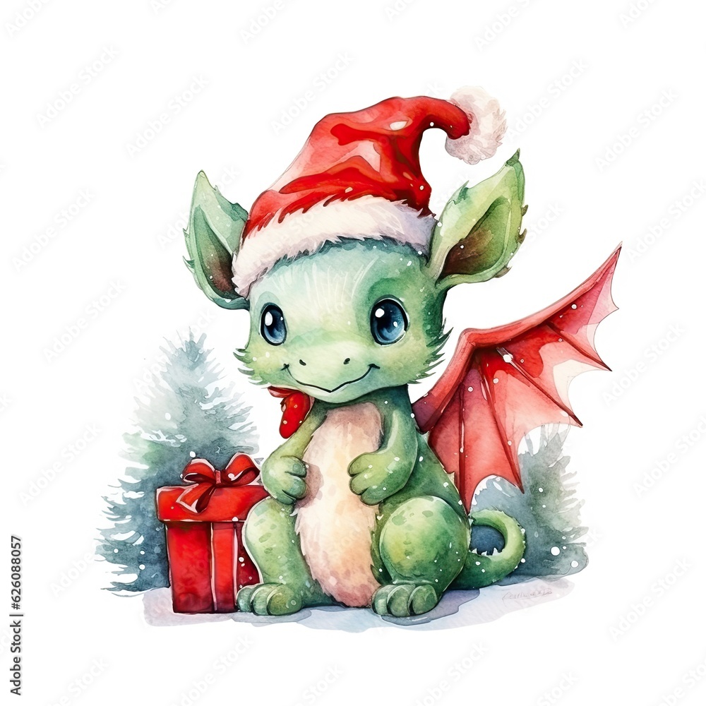 Fantasy cute green dragon with a gift isolated on white background. New Year 2024 watercolor cartoon illustration. Christmas concept Fantasy cute green dragon with a gift isolated on white background. New Year 2024 watercolor cartoon illustration. Christmas concept