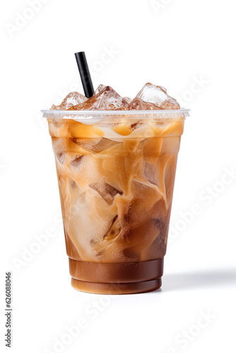 Iced coffee in plastic takeaway glass isolated on white background
