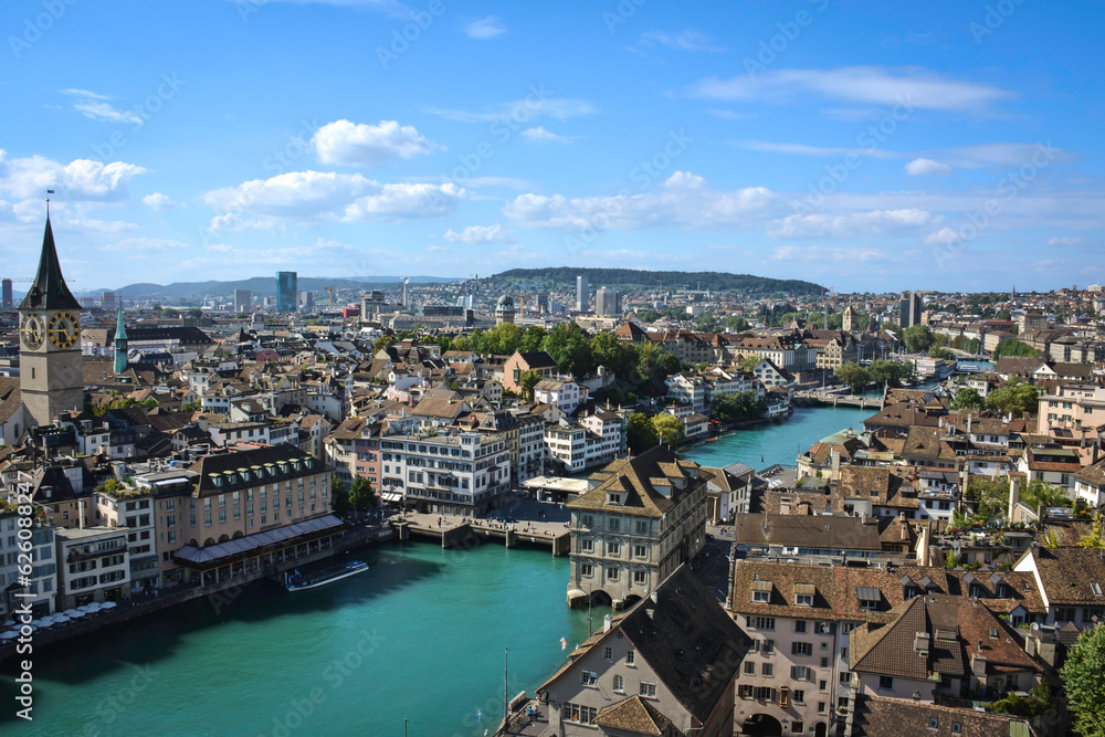 Fototapeta premium Aerial View of Limmat River Banks in Zurich, Switzerland