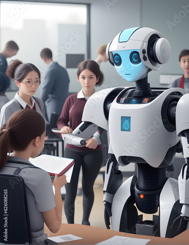 Default AI humanoid robot assisting a teacher with a class students.