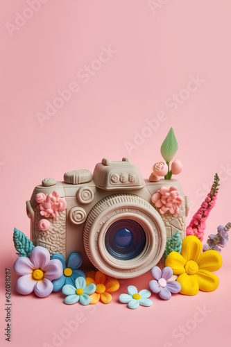 Illustration of photo camera with fresh spring flowers on pink background. AI generative