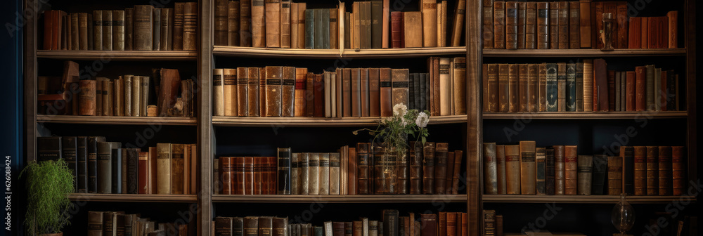 Old books on wooden bookshelves in a library. Generative AI Old books on wooden bookshelves in a library. Generative AI