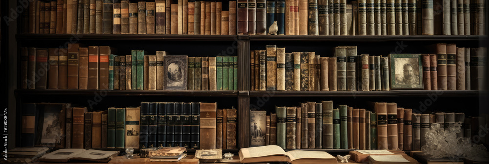 Old books on wooden bookshelves in a library. Generative AI Old books on wooden bookshelves in a library. Generative AI