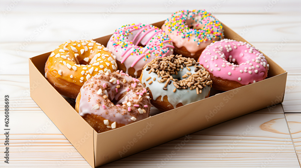 Donuts in a box on a white table. Generative AI Donuts in a box on a white table. Generative AI