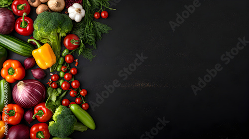 Fresh vegetables on a black chalkboard. Top view. Generative AI