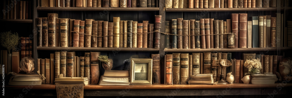 Old books on wooden bookshelves in a library. Generative AI Old books on wooden bookshelves in a library. Generative AI