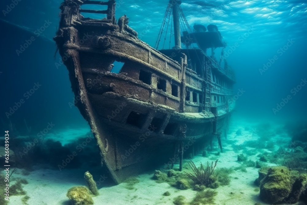A ship at the bottom of the sea or ocean. Background with selective focus. AI generated, human enhanced A ship at the bottom of the sea or ocean. Background with selective focus. AI generated, human enhanced