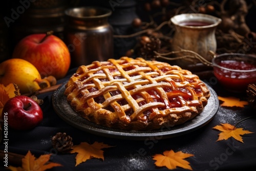Pie homemade for Halloween. Festive food concept. Background