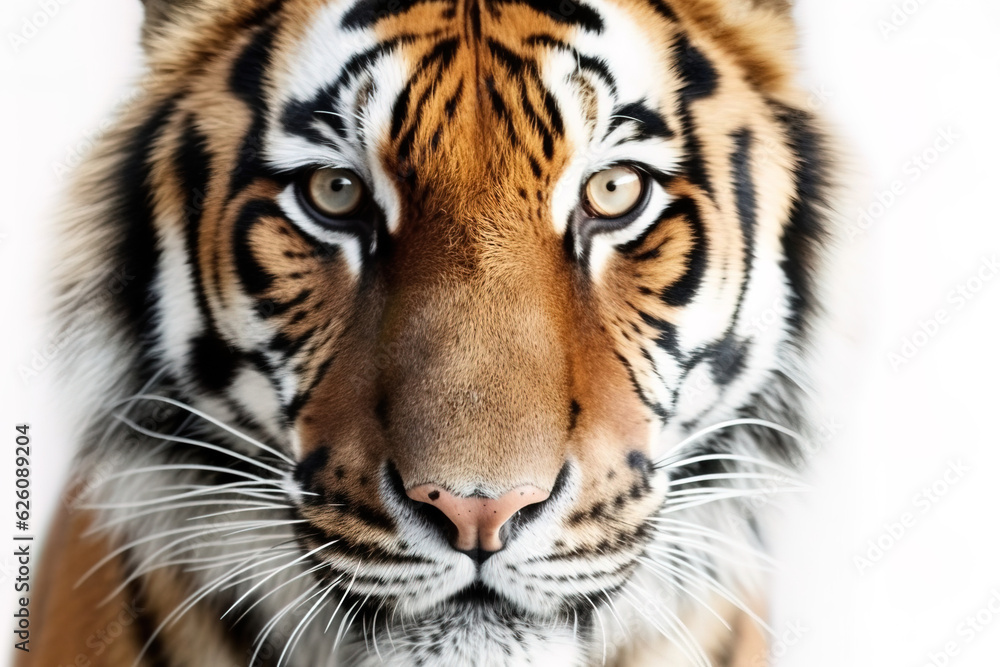 Fototapeta premium Close-up portrait of a beautiful, serene adult tiger looking directly at the camera on a white background. Studio photograph, with a white background that can be easily cut out