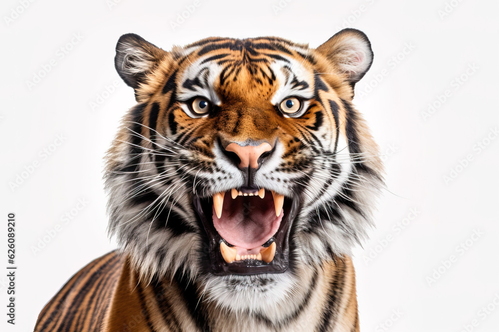 Fototapeta premium Portrait of an angry tiger growling while showing its teeth to the camera. Studio shot on a white background. Horizontal image
