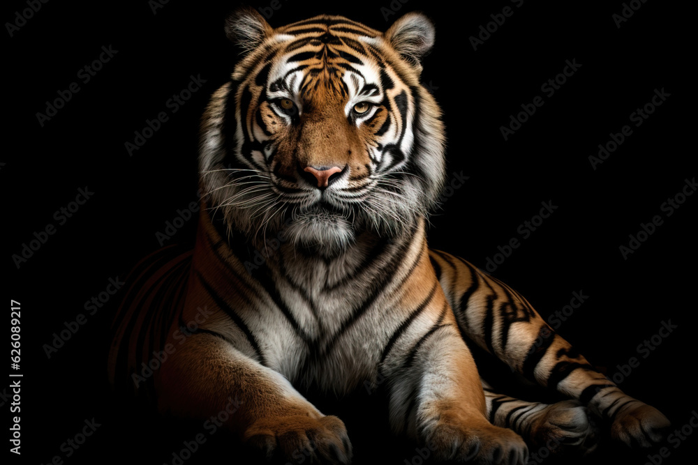Very serene tiger lying down, resting and looking at the camera. Studio shot on a black background