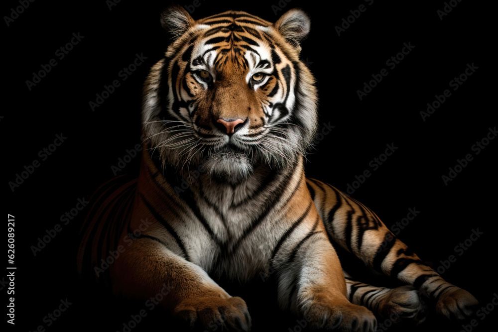 Fototapeta premium Very serene tiger lying down, resting and looking at the camera. Studio shot on a black background