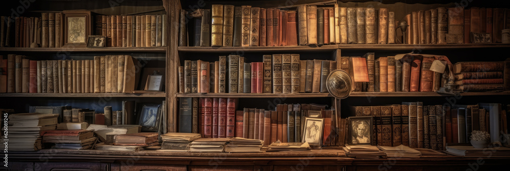 Old books on wooden bookshelves in a library. Generative AI Old books on wooden bookshelves in a library. Generative AI